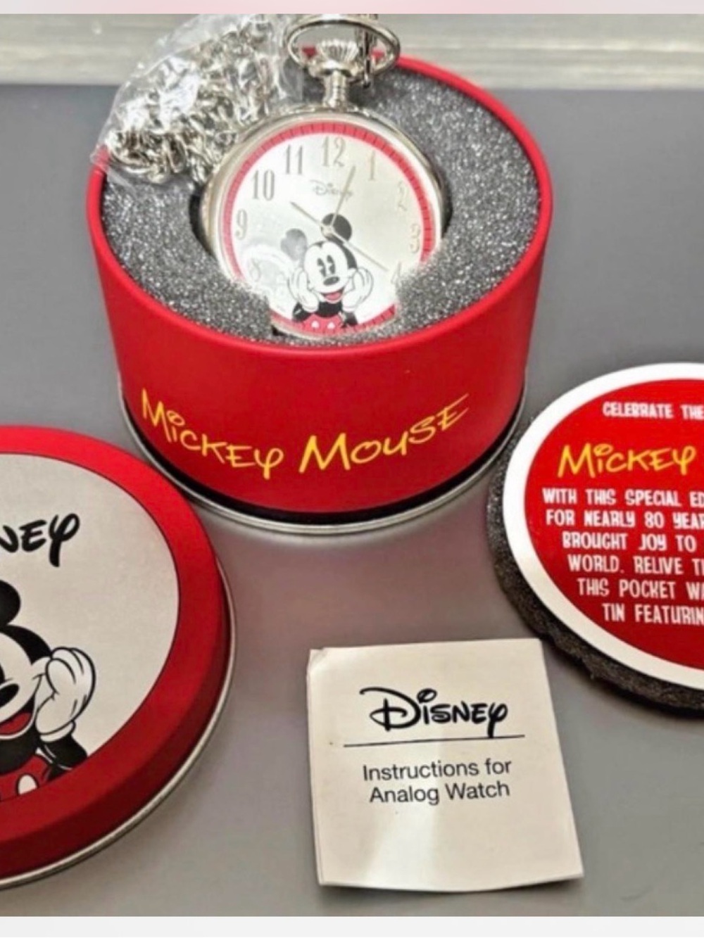 Disney Mickey Mouse Silver Pocket Watch with Red Gift Tin
